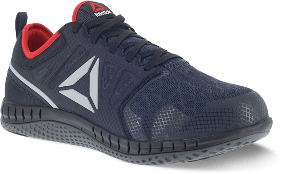 dark blue shoe with with logo on side, vent holes over toes, and black sole. red lining