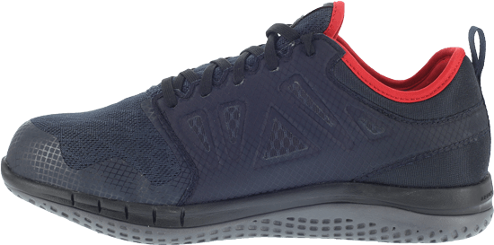 alternate side of dark blue shoe with with logo on side, vent holes over toes, and black sole. red lining