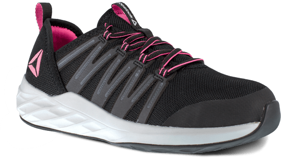black shoe with pink logo on heel, pink laces and lining, white and black sole