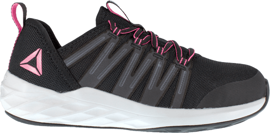 side of black shoe with pink logo on heel, pink laces and lining, white and black sole