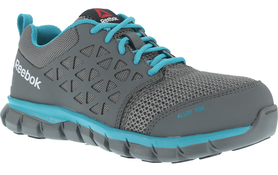 grey shoe with blue laces and top of sole, green vents over toes, blue lining