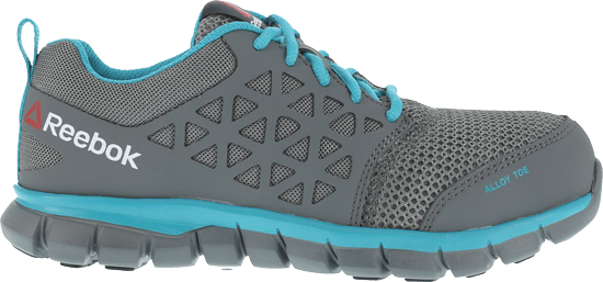 side of grey shoe with blue laces and top of sole, green vents over toes, blue lining