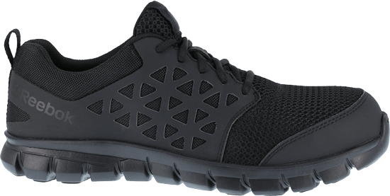 side of black shoe with vents over toes, triangle pattern on side, black sole