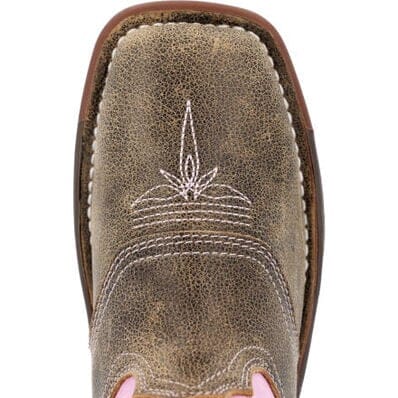 square toe on distressed brown vamp with white stitching