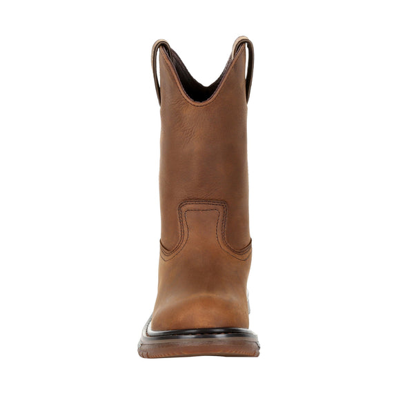 front of brown high top pull on boot with black and brown sole