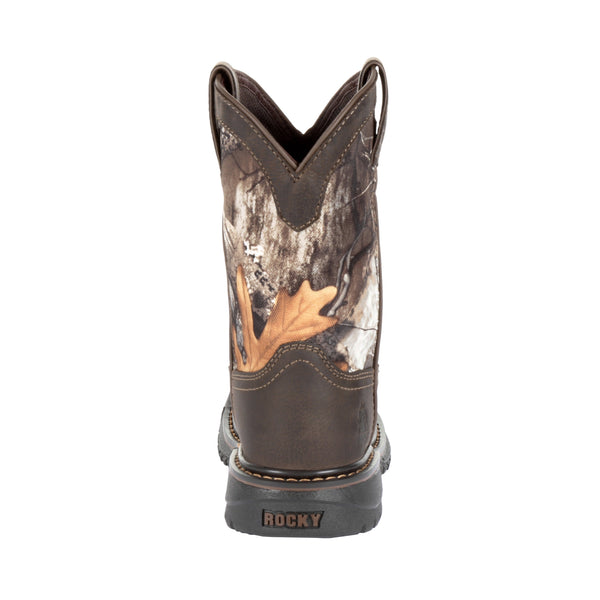 back of cowboy boot with camo shaft and brown vamp