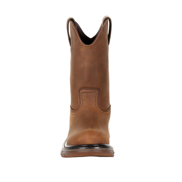 front of brown high top pull on boot with black and brown sole