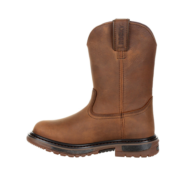 side of brown high top pull on boot with black and brown sole