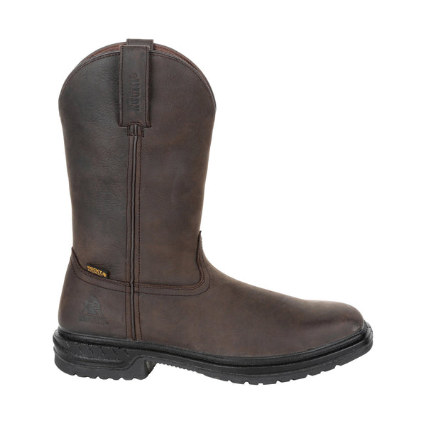 alternate side of dark brown pull on boot with square toe