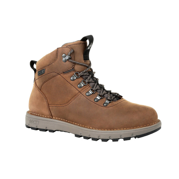 brown boot wtih grey/brown laces, silver eyelets, and light grey sole