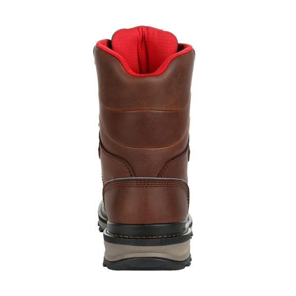 back of brown high top boot with black laces, black sole, and red lining