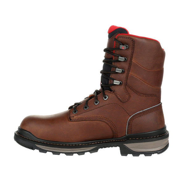 side of brown high top boot with black laces, black sole, and red accent on tongue
