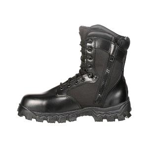 side view of black high top boot with black laces, eyelets, and sole