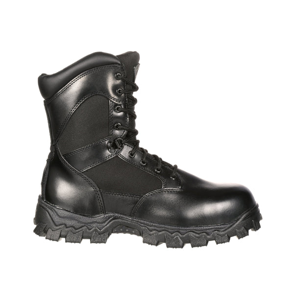 side of black high top boot with black laces, eyelets, and sole