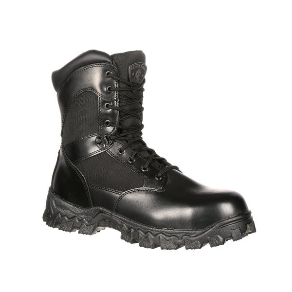 black high top boot with black laces, eyelets, and sole