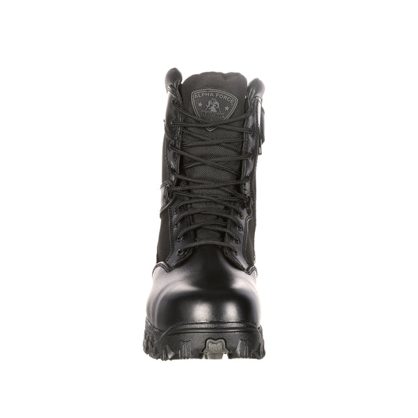 front of black high top boot with black laces, eyelets, and sole