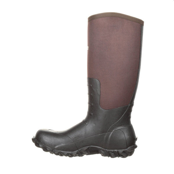 alternate side of high top rubber boot with black vamp and red shaft