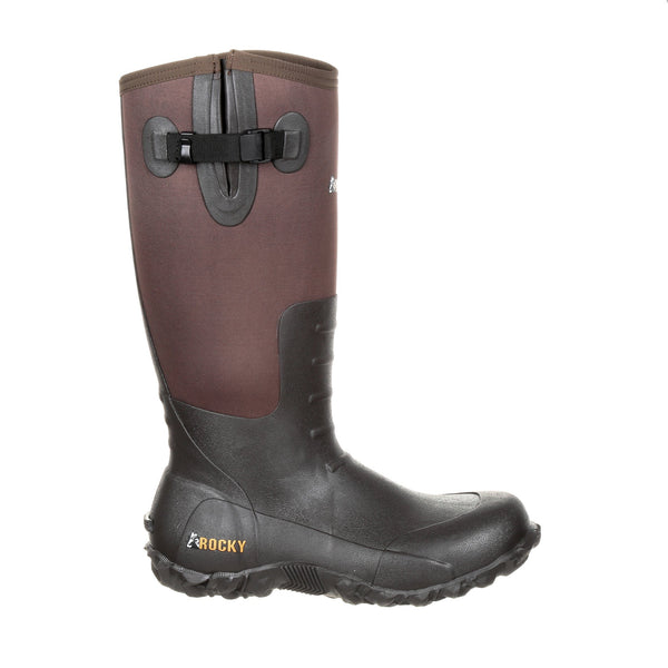 side of high top rubber boot with black vamp and red shaft