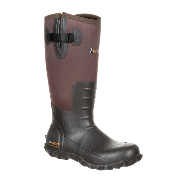 high top rubber boot with black vamp and red shaft