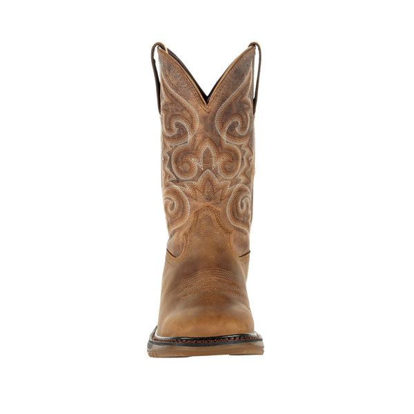 front of cowgirl boot with distressed shaft and white and brown embroidery