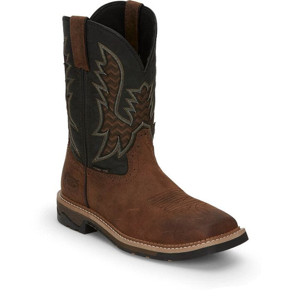 right angle view of mens western square toe work boot with brown vamp and black shaft with brown and black vent and white and tan embroidery