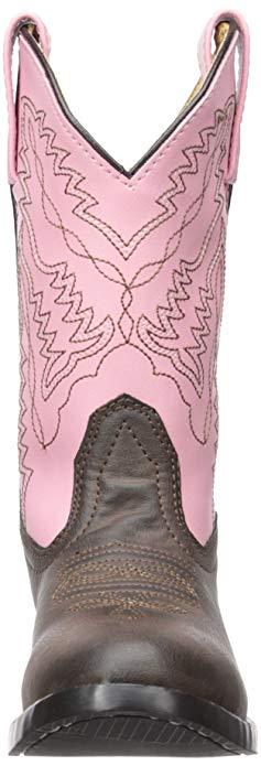 front of cowgirl boot with brown vamp, pink shaft with brown embroidery