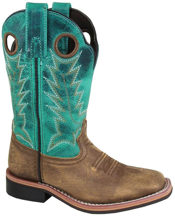 cowboy boot with light brown vamp and blue shaft with white and brown embroidery