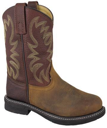 cowboy boot with light brown vamp. brown/red shaft with light brown embroidery