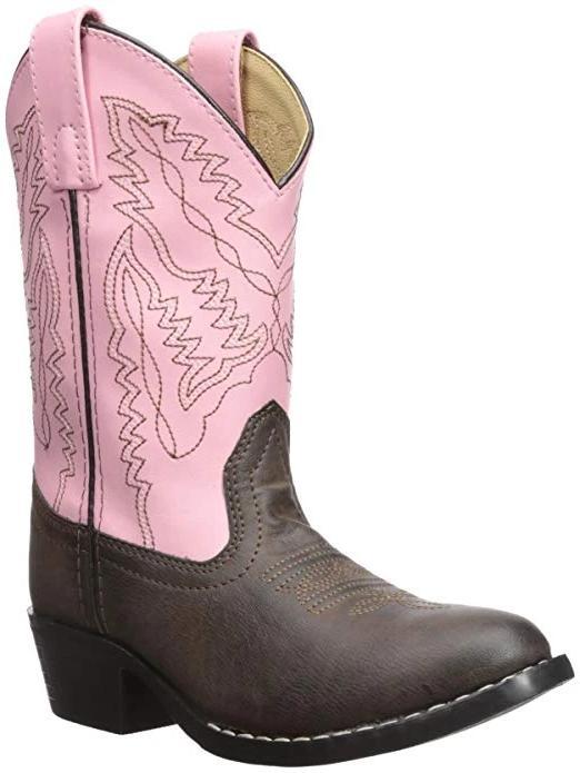 cowgirl boot with pink shaft, brown vamp, and brown embroidery