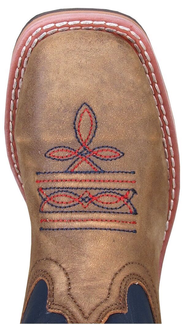 square toe on brown boot with red and blue embroidery