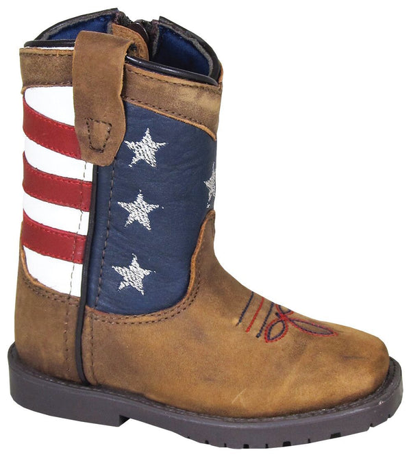 toddler cowboy boot with american flag shaft and brown vamp with red and blue embroidery