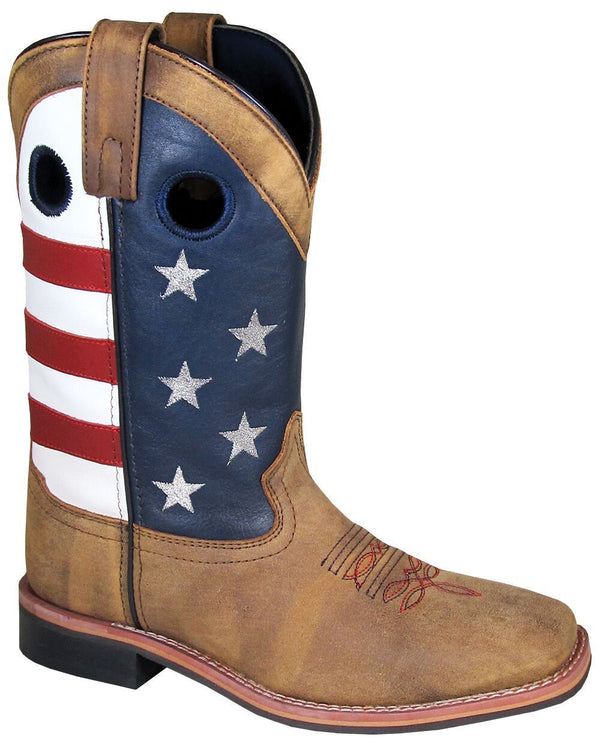 cowboy boot with american flag shaft and brown vamp with red and blue embroidery 