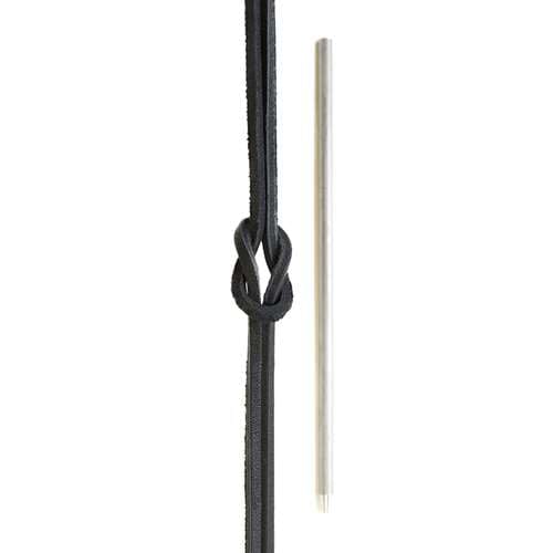 black leather shoe lace tied in knot next to silver pen for size comparison
