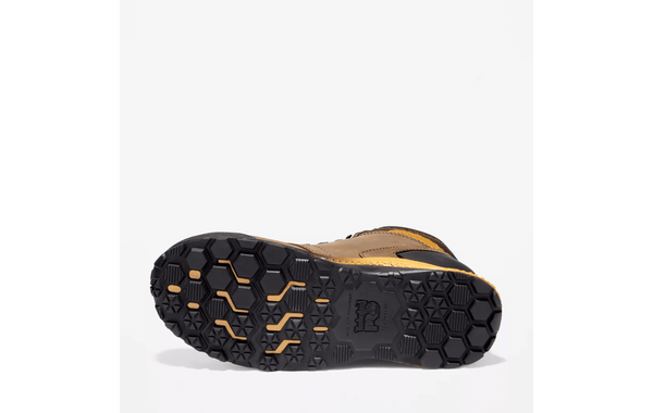 black and yellow sole bottom view of mens light brown logger boot with yellow and black sole.