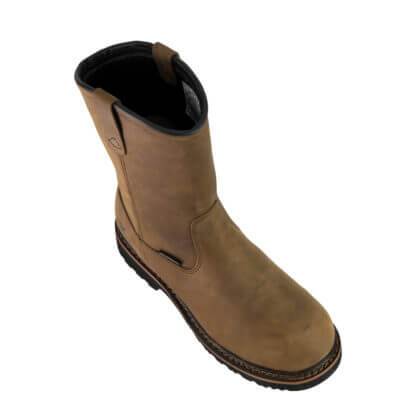top view of high top pull on brown boot with black sole