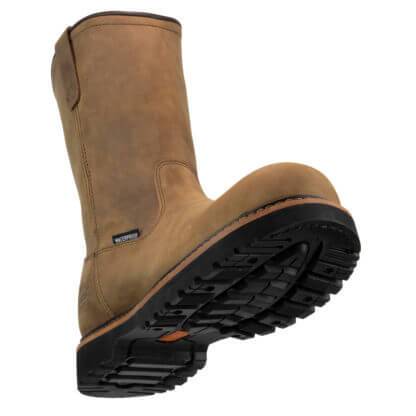 bottom of high top pull on brown boot with black sole