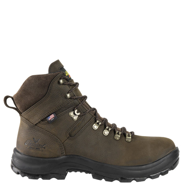 dark brown boot with black sole and gold eyelets