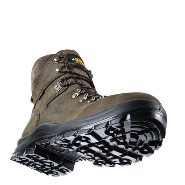 bottom of dark brown boot with black sole and gold eyelets