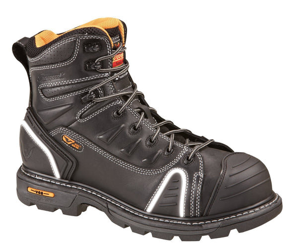 mens black laced boot with white accents and orange interior.
