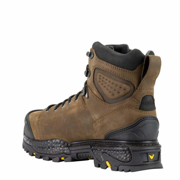 back of brown boot with black toe guard, black sole and laces, and yellow logo on side