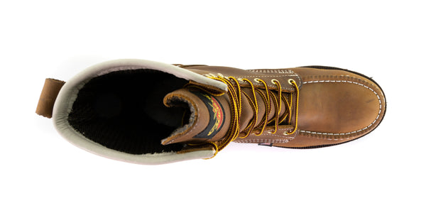 mens brown logger boot with white stitching and gold/brown laces top down view