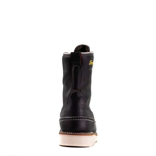 back view of dark brown high top work boot with white stitching and white wedge sole