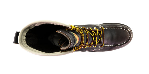 top down view of dark brown high top moccasin style boot with yellow/brown laces and thorogood logo on top of tongue.