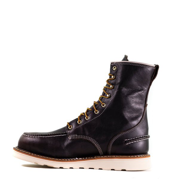 left side view of dark brown high top moccasin style boot with yellow/brown laces and white wedge sole