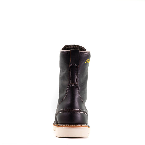back view of dark brown high top work boot with white stitching and white wedge sole