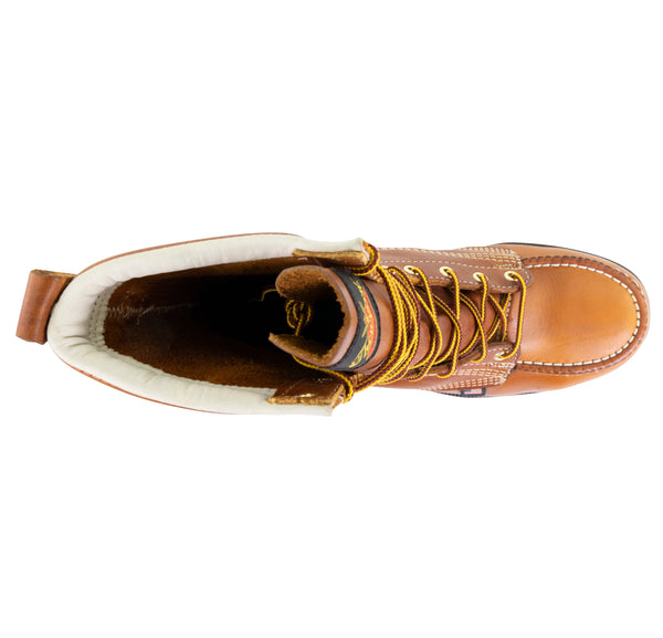 Top down view of mens brown logger boot with white interior/stitching and brown/gold laces.