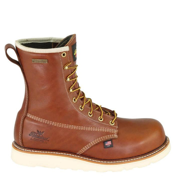 side of tan brown high top moccasin style boots with yellow laces and white sole
