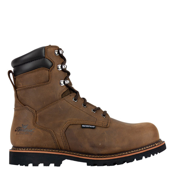 Side profile of men's brown leather waterproof boot with black soles, dark brown laces, and thorogood logo embossed on heel cup
