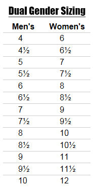 Dual Gender Size Chart