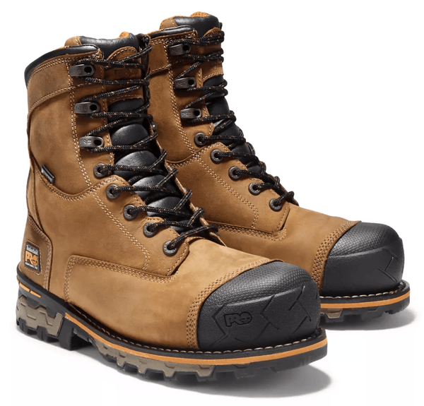 mens brown logger boot with orange line along tan soles. Black toe and tongue